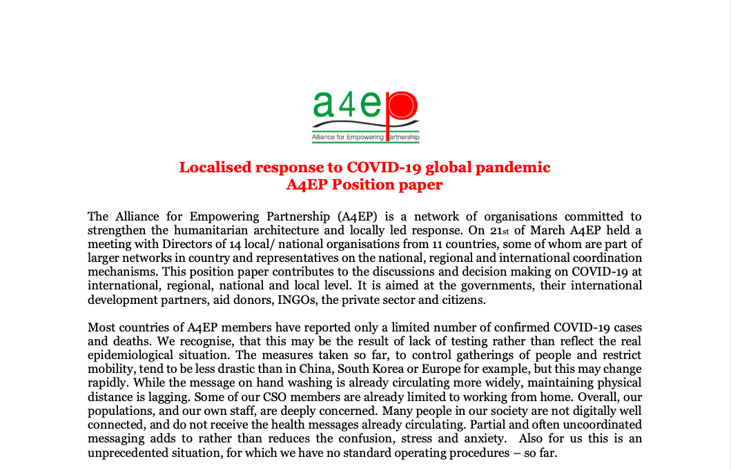 Alliance for Empowering Partnership (A4EP) – COVID19 position paper