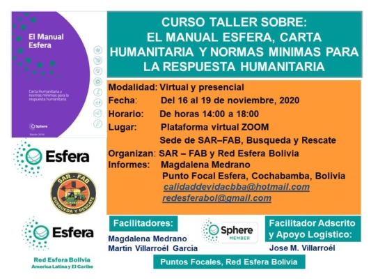 Curso Taller El Manual Esfera, Carta Humanitaria y Normas Minimas de Respuesta Humanitaria, Cochabamba y en línea, nov 2020