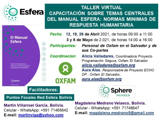 Capacitación sobre temas centrales del Manual Esfera: Normas mínimas de respuesta humanitaria, virtual, Abril – Mayo 2021