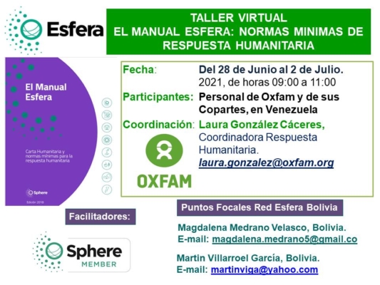 Taller de Capacitación Virtual: El Manual Esfera, Normas Mínimas de Respuesta Humanitaria, Junio – julio de 2021