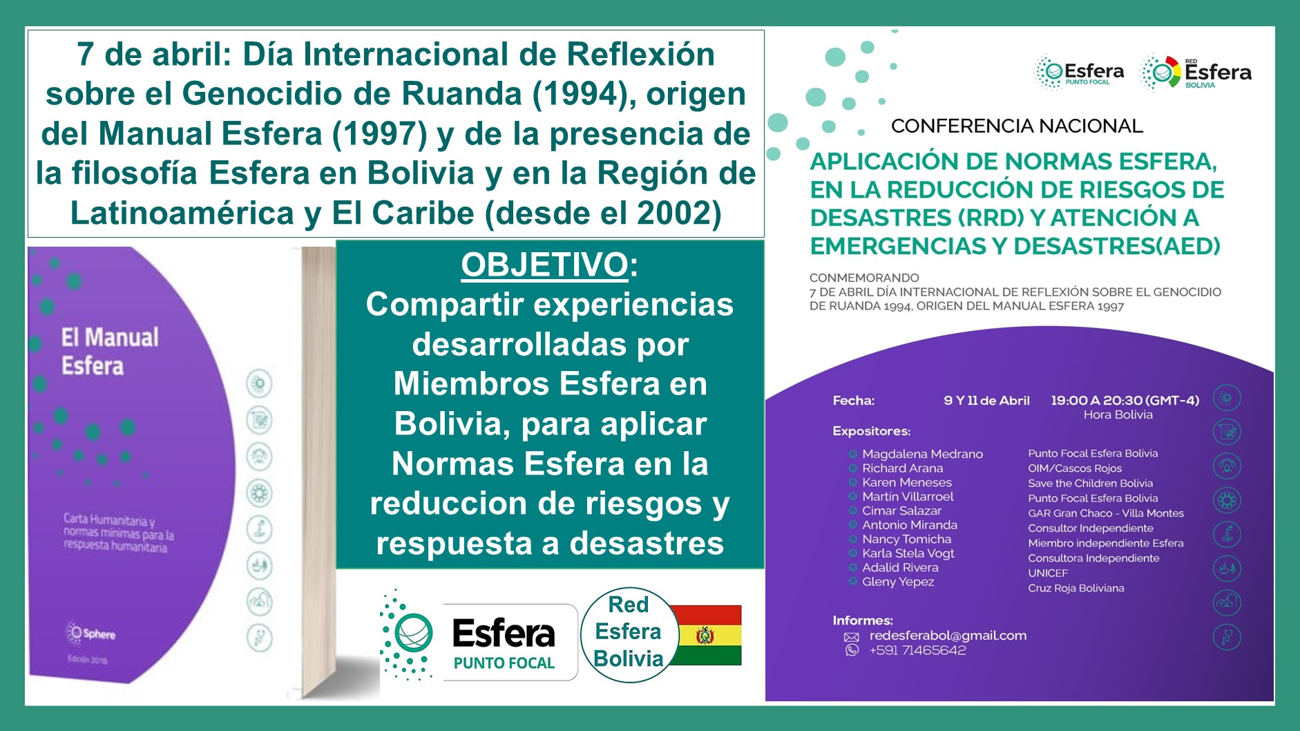 Conferencia Nacional sobre aplicaciones de Esfera en el ciclo humanitario, 9 and 11 April 2024, Online Bolivia