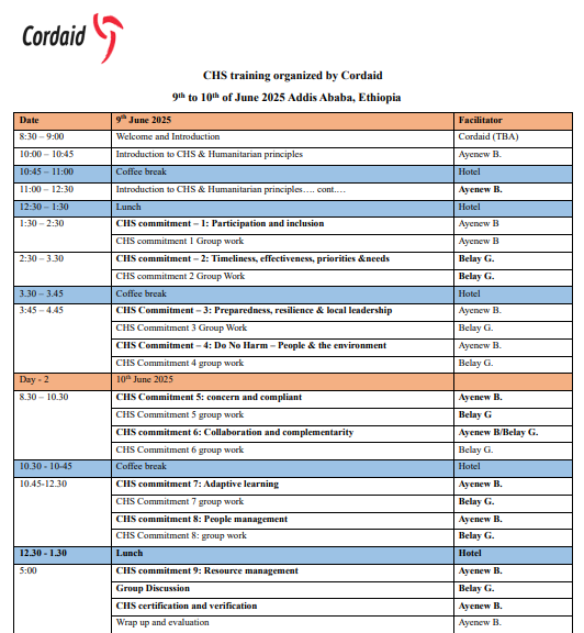 Training on Core Humanitarian Standard on quality and Accountability to Cordaid and its local partner, EOC DIACAC, 9-10 June 2025, Ethiopia