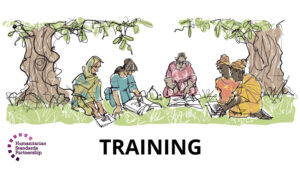 TRAINING: An illustration of five women sitting in a circle in the shade of two trees and referring to books, representing an outdoor participatory learning environment. It is not obvious who, if anyone, is facilitating the group session.